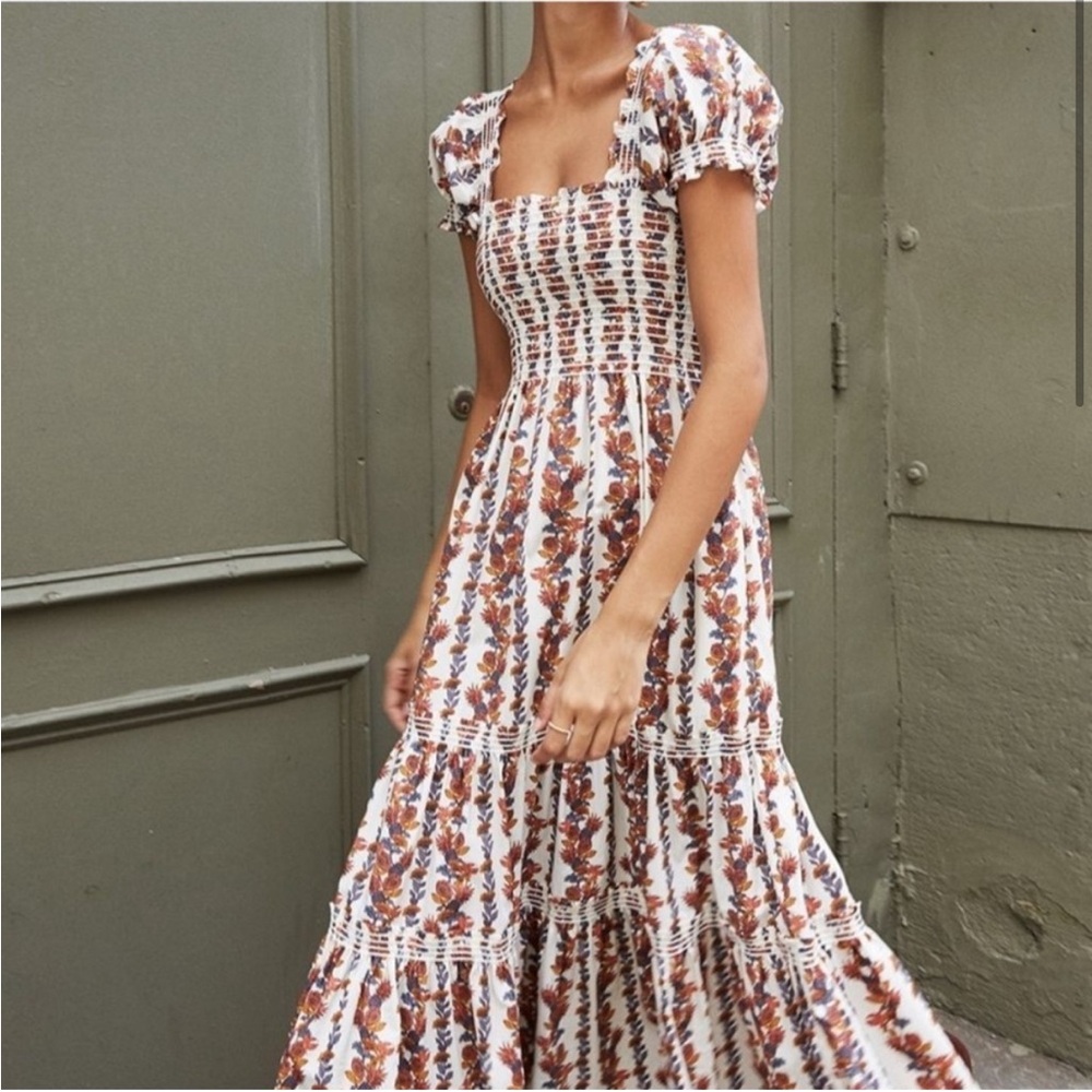 Floral Puff Sleeve Smocked Midi Dress